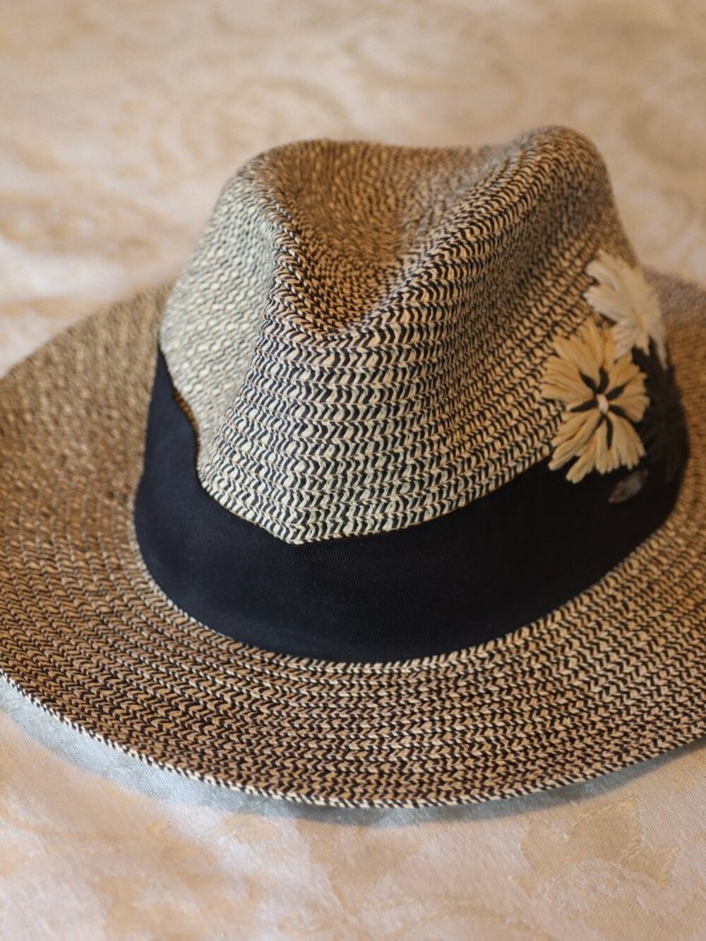 C.C Two Tone Woven Paper Fedora Decorative Raffia Flower Accents